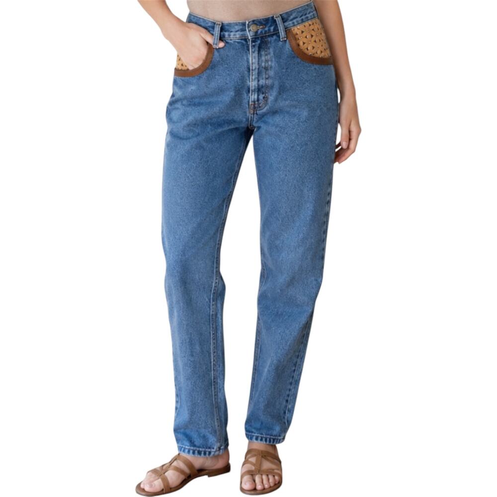 VTG Opal By Lorraine Wardy High Waisted Jeans Floral Leather Cotton Pocket 12 32